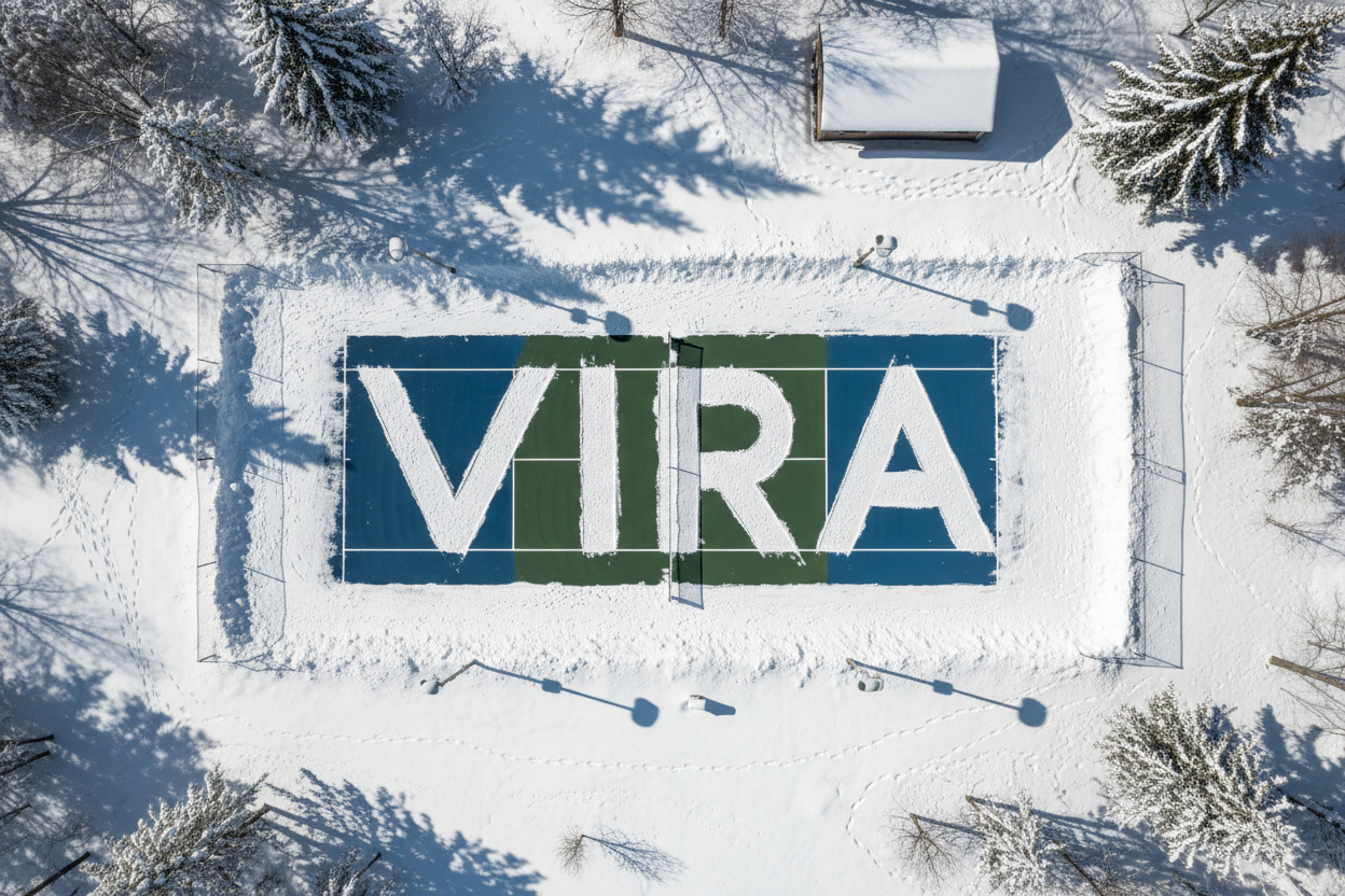Snow-covered pickleball court with shoveled VIRA logo